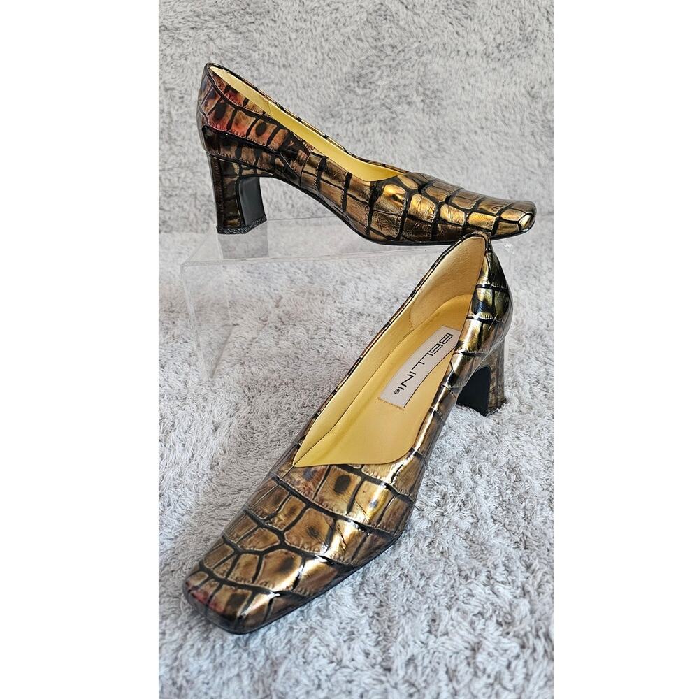Vintage Bellini Margie Gold Croc Leather Pump Heels Women Sz‎ 7B Square Toe